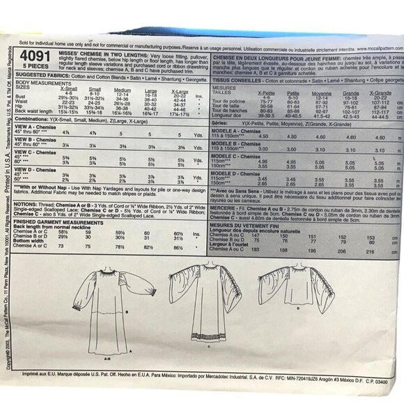 McCall's Sewing Pattern 4091 Costume Chemise In Two Lengths Sz L-XL - Picture 2 of 2